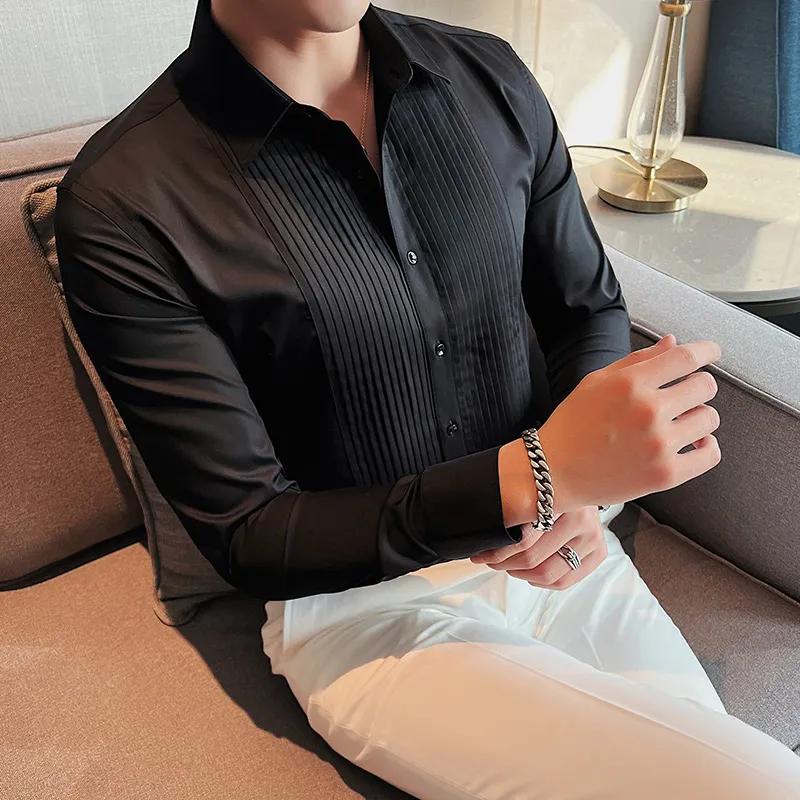 남성용 긴 디자인 단색 플리츠 소매 신랑 웨딩 슬림 핏 컬러 정장 셔츠, 비즈니스 소셜 드레스 셔츠, 고품질